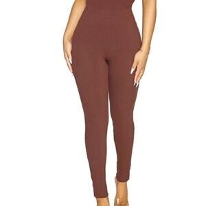 NWT Naked Wardrobe Micro-Ribbed High Waist Chocolate Mauve Pull-On Leggings M